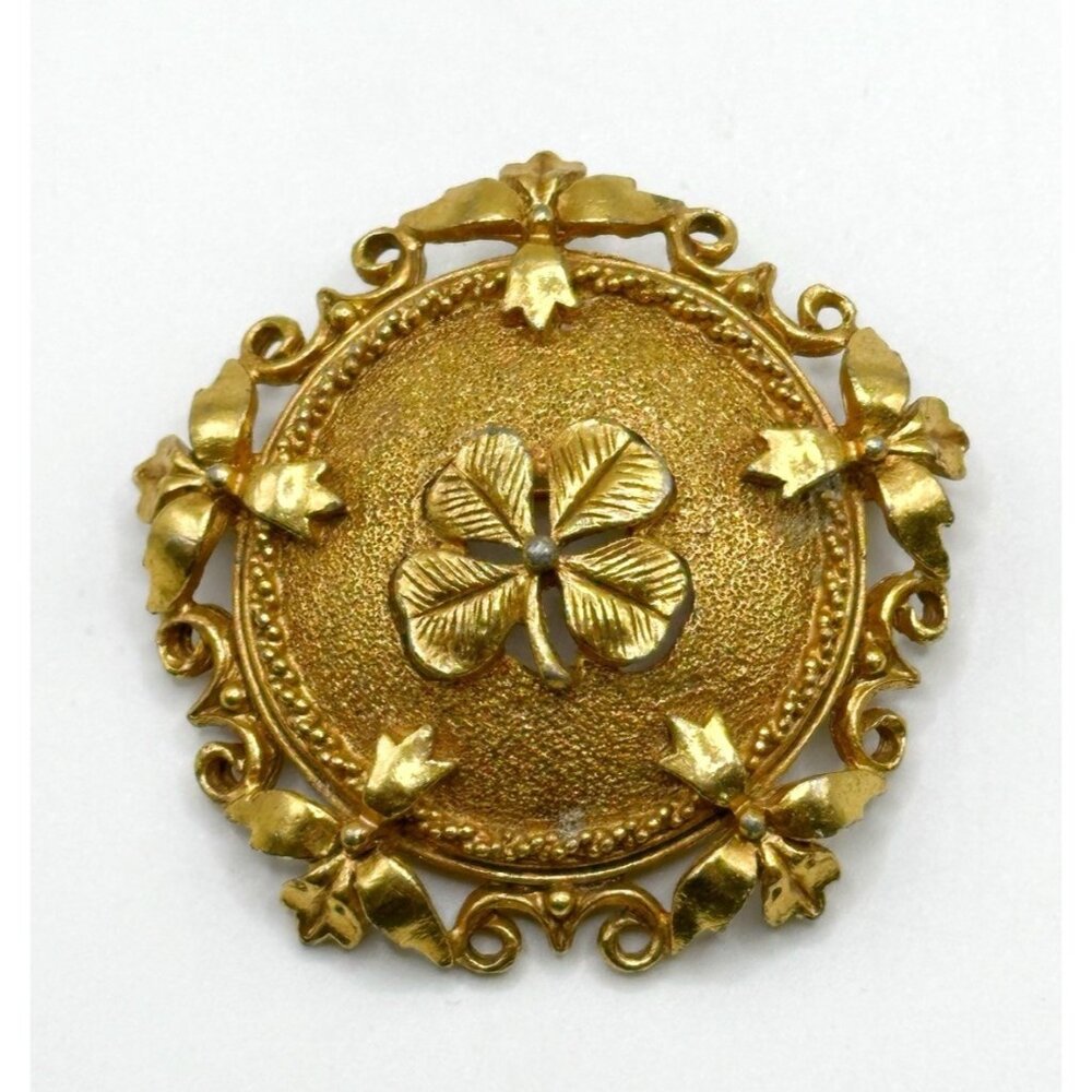 Florenza Goldtone Shamrock Four Leaf‎ Clover Pin Brooch